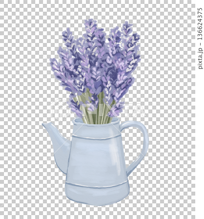 Watercolour lavender bouquet in rustic pot. Purple flower bunch with botanical elegance isolated on white background Watercolour lavender bouquet in rustic pot. Purple flower bunch with botanical elegance isolated on white background 136624375