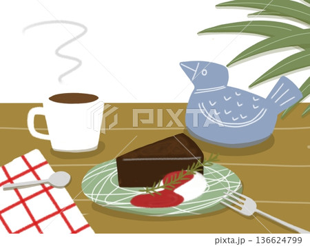 おしゃれなカフェのイラスト　ケーキとコーヒー 136624799