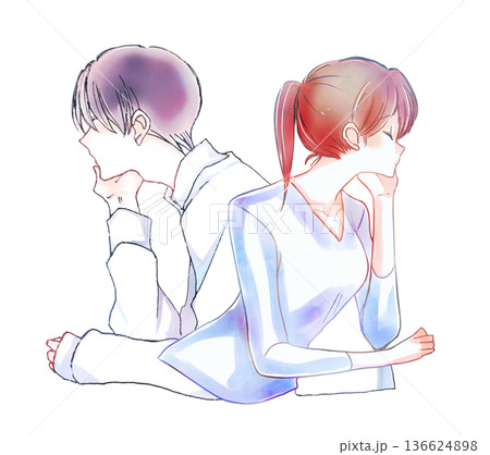 背中合わせの頬杖をつく男女 背中合わせの頬杖をつく男女 136624898