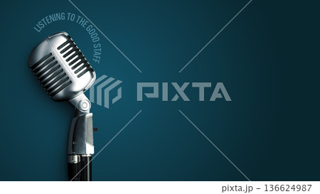 Podcast setup with a vintage microphone on a blue background Podcast setup with a vintage microphone on a blue background 136624987