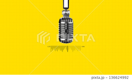 Discussion about various topics on a podcast with a microphone on a bright background 136624992