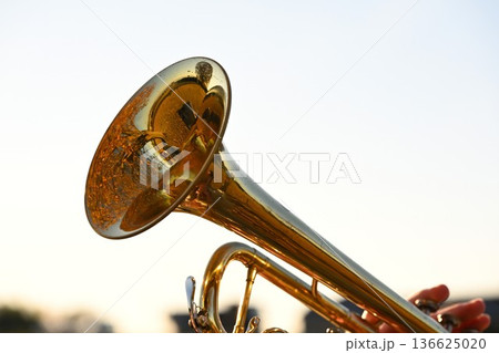 晴れた日の青空とトランペット 136625020
