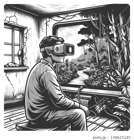 Man VR headset escaping decayed reality illusion Man VR headset escaping decayed reality illusion 136625185