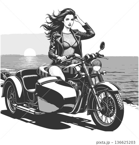 Woman Riding Vintage Sidecar Motorcycle at Sunset Woman Riding Vintage Sidecar Motorcycle at Sunset 136625203