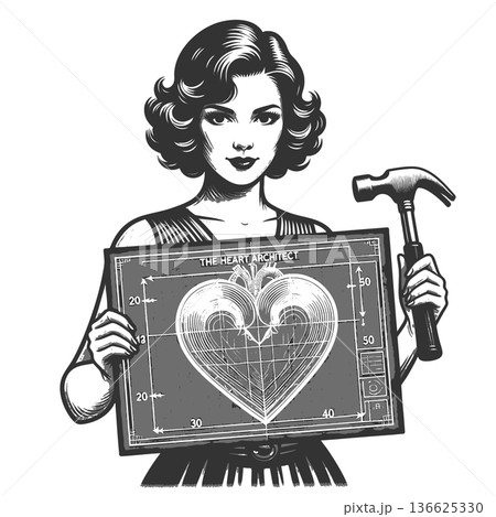 Confident woman holding anatomical heart blueprint 136625330