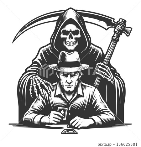 Grim Reaper Behind Man Playing Cards vector Grim Reaper Behind Man Playing Cards vector 136625381