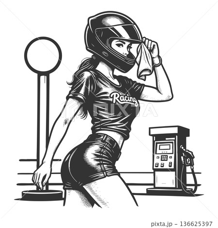 Smiling woman in racing outfit at gas station Smiling woman in racing outfit at gas station 136625397