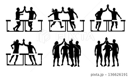 Black Solid Hurdle Multi-Teammate High-Five Silhouettes Set of Six on White Background Black Solid Hurdle Multi-Teammate High-Five Silhouettes Set of Six on White Background 136626191
