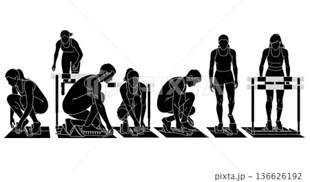 Black Solid Hurdle Observe Competitors Silhouettes Set of Six on White Background Black Solid Hurdle Observe Competitors Silhouettes Set of Six on White Background 136626192