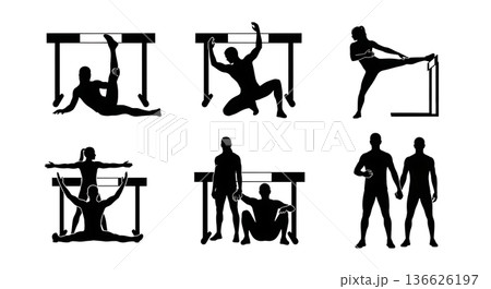 Black Solid Hurdle Partner Stretch Silhouettes Set of Six on White Background 136626197