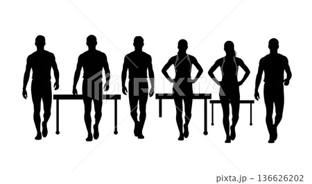 Black Solid Hurdle Post-Race Crossing Silhouettes Set of Six on White Background 136626202