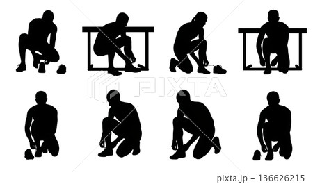 Black Solid Hurdle Shoe Preparation Silhouettes Set of Six on White Background 136626215