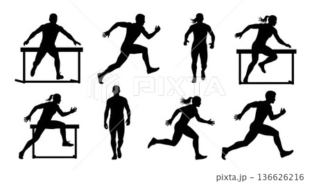 Black Solid Hurdle Shuttle Runs Silhouettes Set of Six on White Background Black Solid Hurdle Shuttle Runs Silhouettes Set of Six on White Background 136626216