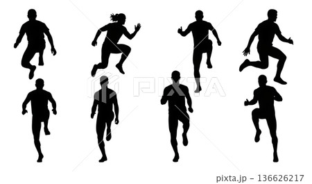 Black Solid Hurdle Skipping High Knees Silhouettes Set of Six on White Background Black Solid Hurdle Skipping High Knees Silhouettes Set of Six on White Background 136626217