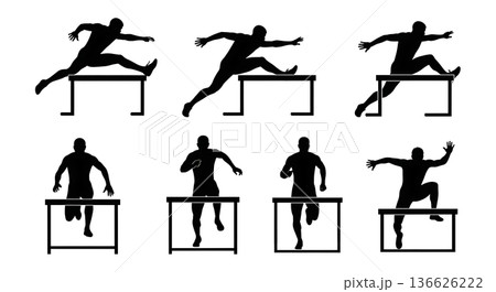 Black Solid Hurdle Sprint Technique Silhouettes Set of Six on White Background Black Solid Hurdle Sprint Technique Silhouettes Set of Six on White Background 136626222