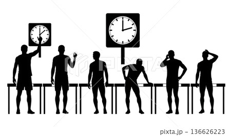Black Solid Hurdle Stadium Clock Check Silhouettes Set of Six on White Background 136626223