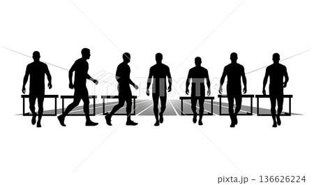 Black Solid Hurdle Stadium Tunnel Silhouettes Set of Six on White Background Black Solid Hurdle Stadium Tunnel Silhouettes Set of Six on White Background 136626224