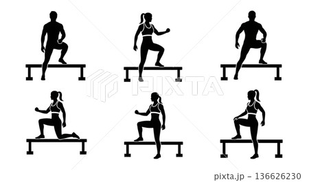 Black Solid Hurdle Step-Up Bench Silhouettes Set of Six on White Background 136626230
