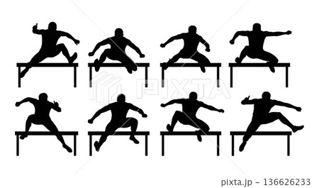 Black Solid Hurdle Thumbs-Up Confidence Silhouettes Set of Six on White Background Black Solid Hurdle Thumbs-Up Confidence Silhouettes Set of Six on White Background 136626233