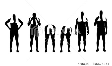 Black Solid Hurdle Towel Over Head Silhouettes Set of Six on White Background 136626234