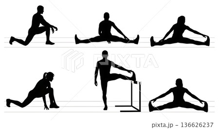 Black Solid Hurdle Track Lane Stretching Silhouettes Set of Six on White Background Black Solid Hurdle Track Lane Stretching Silhouettes Set of Six on White Background 136626237