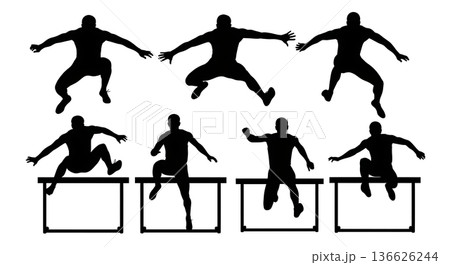 Black Solid Hurdle Visualize Race Path Silhouettes Set of Six on White Background 136626244