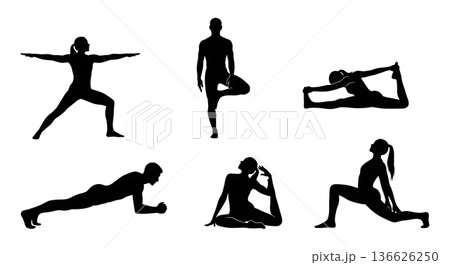 Black Solid Hurdle Yoga Flexibility Silhouettes Set of Six on White Background Black Solid Hurdle Yoga Flexibility Silhouettes Set of Six on White Background 136626250