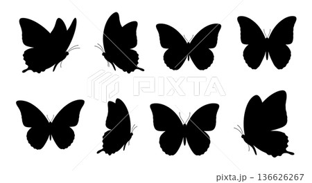 Black Solid Implied Texture Butterfly Silhouettes Set of Six on White Background Black Solid Implied Texture Butterfly Silhouettes Set of Six on White Background 136626267