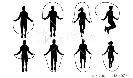 Black Solid Improved Stamina Jump Rope Silhouettes Set of Six on White Background 136626270