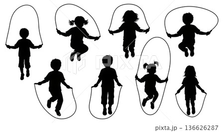 Black Solid Kids Jump Rope Play Silhouettes Set of Six on White Background 136626287