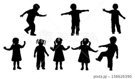 Black Solid Kids Musical Statues Silhouettes Set of Six on White Background Black Solid Kids Musical Statues Silhouettes Set of Six on White Background 136626390