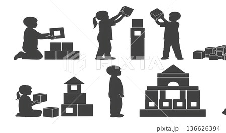 Black Solid Kids Building with Party Blocks Silhouettes Set of Six on White Background 136626394