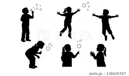 Black Solid Kids Playing with Bubbles Silhouettes Set of Six on White Background 136626397