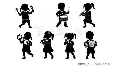 Black Solid Kids Playing Musical Instruments Silhouettes Set of Six on White Background 136626399