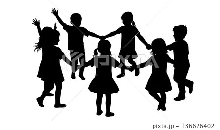 Black Solid Kids Ring-Around-the-Rosy Silhouettes Set of Six on White Background 136626402
