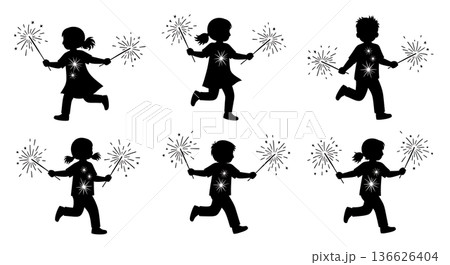 Black Solid Kids Running with Sparklers Silhouettes Set of Six on White Background Black Solid Kids Running with Sparklers Silhouettes Set of Six on White Background 136626404