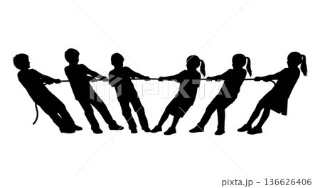 Black Solid Kids Tug-of-War Silhouettes Set of Six on White Background 136626406