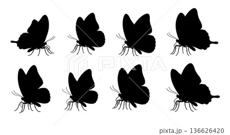 Black Solid Leg Articulation Butterfly Silhouettes Set of Six on White Background Black Solid Leg Articulation Butterfly Silhouettes Set of Six on White Background 136626420