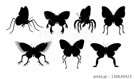 Black Solid Leg Structure Butterfly Silhouettes Set of Six on White Background 136626423