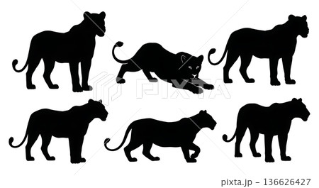 Black Solid Lioness Alert Silhouettes Set of Six on White Background 136626427