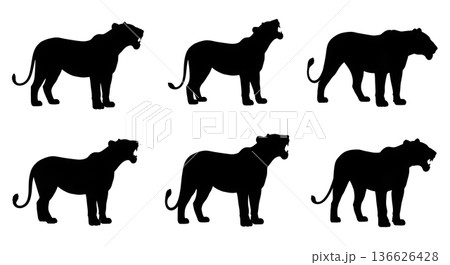 Black Solid Lioness Calling Her Cubs Silhouettes Set of Six on White Background Black Solid Lioness Calling Her Cubs Silhouettes Set of Six on White Background 136626428