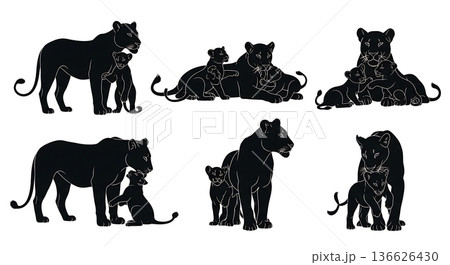 Black Solid Lioness with Cubs Silhouettes Set of Six on White Background 136626430