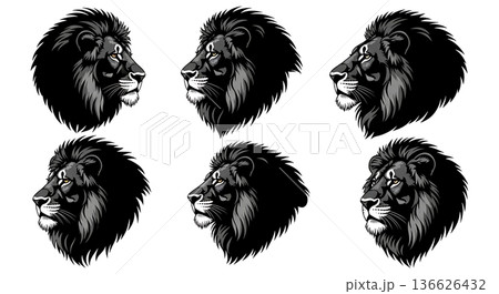 Black Solid Lion Profile Silhouettes Set of Six on White Background Black Solid Lion Profile Silhouettes Set of Six on White Background 136626432