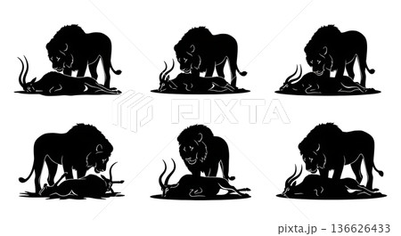Black Solid Lion with Kill Silhouettes Set of Six on White Background 136626433
