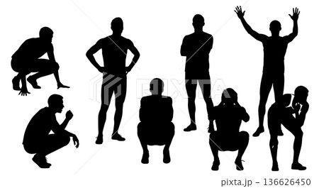 Black Solid Long Jump Competitor Reaction Silhouettes Set of Six on White Background 136626450