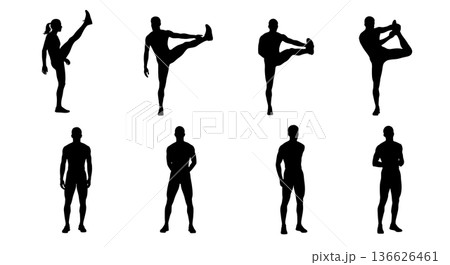 Black Solid Long Jump Flexibility Stretches Silhouettes Set of Six on White Background Black Solid Long Jump Flexibility Stretches Silhouettes Set of Six on White Background 136626461