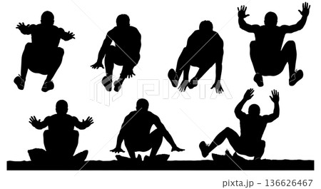 Black Solid Long Jump Hand Placement Landing Silhouettes Set of Six on White Background 136626467