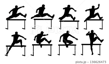 Black Solid Long Jump Hurdle Step-Overs Silhouettes Set of Six on White Background 136626473
