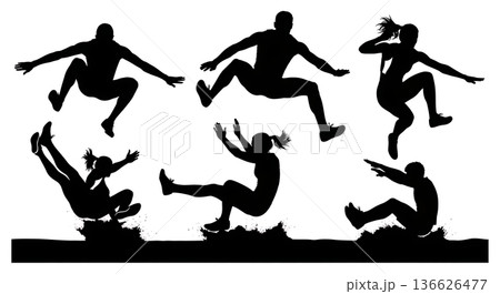 Black Solid Long Jump Landing Positions Silhouettes Set of Six on White Background 136626477