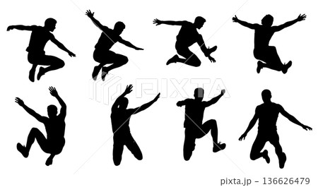 Black Solid Long Jump Low Angle View Silhouettes Set of Six on White Background Black Solid Long Jump Low Angle View Silhouettes Set of Six on White Background 136626479